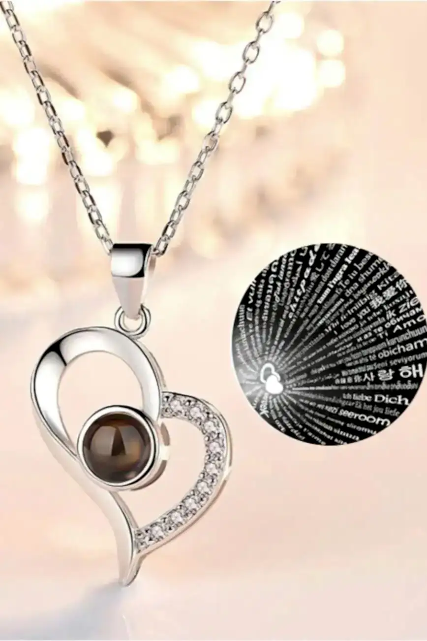 100 Dilde Seni Seviyorum Yazılı Kadın Kalp Kolye bbk51 - Beyaz