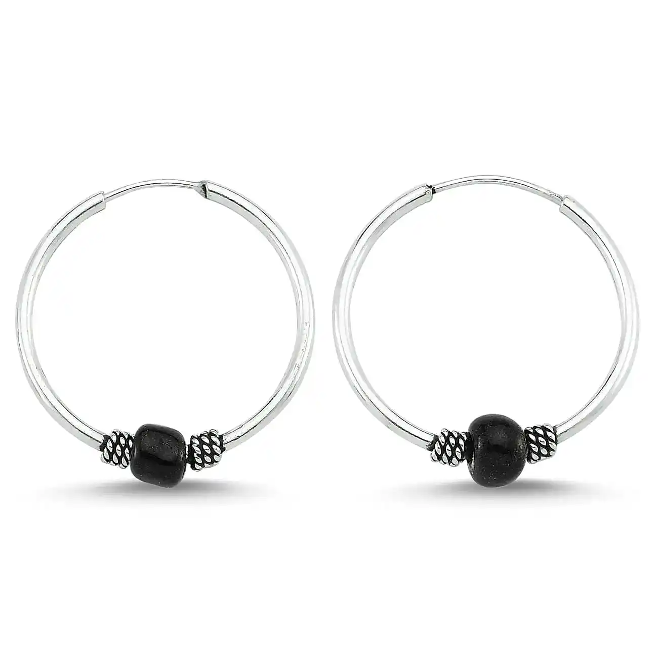Boncuklu Gümüş Halka Küpe 10 mm wsk09-10 - Siyah