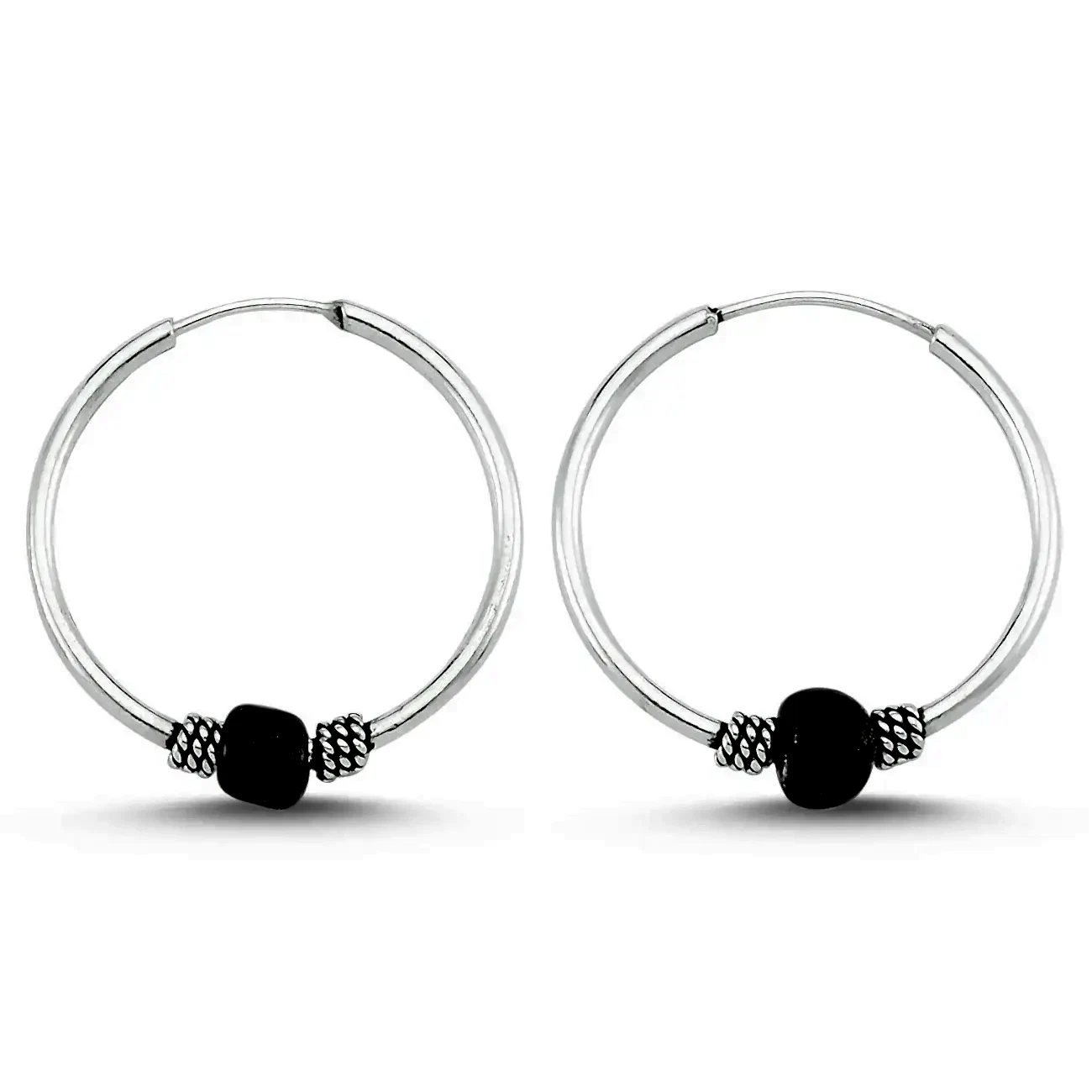 Boncuklu Gümüş Halka Küpe 12 mm wsk09-12 - Siyah