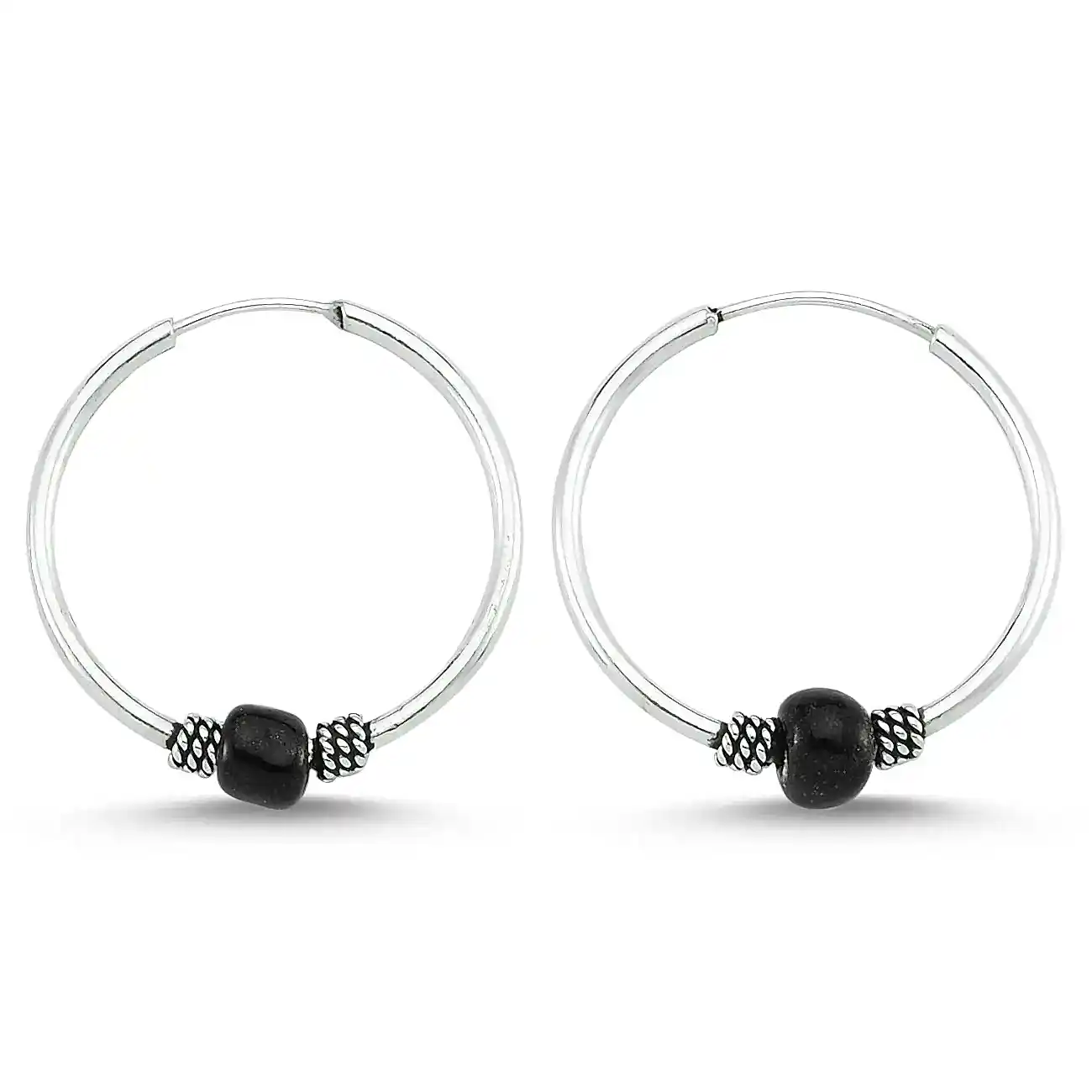 Boncuklu Gümüş Halka Küpe 16 mm wsk09-16 - Siyah