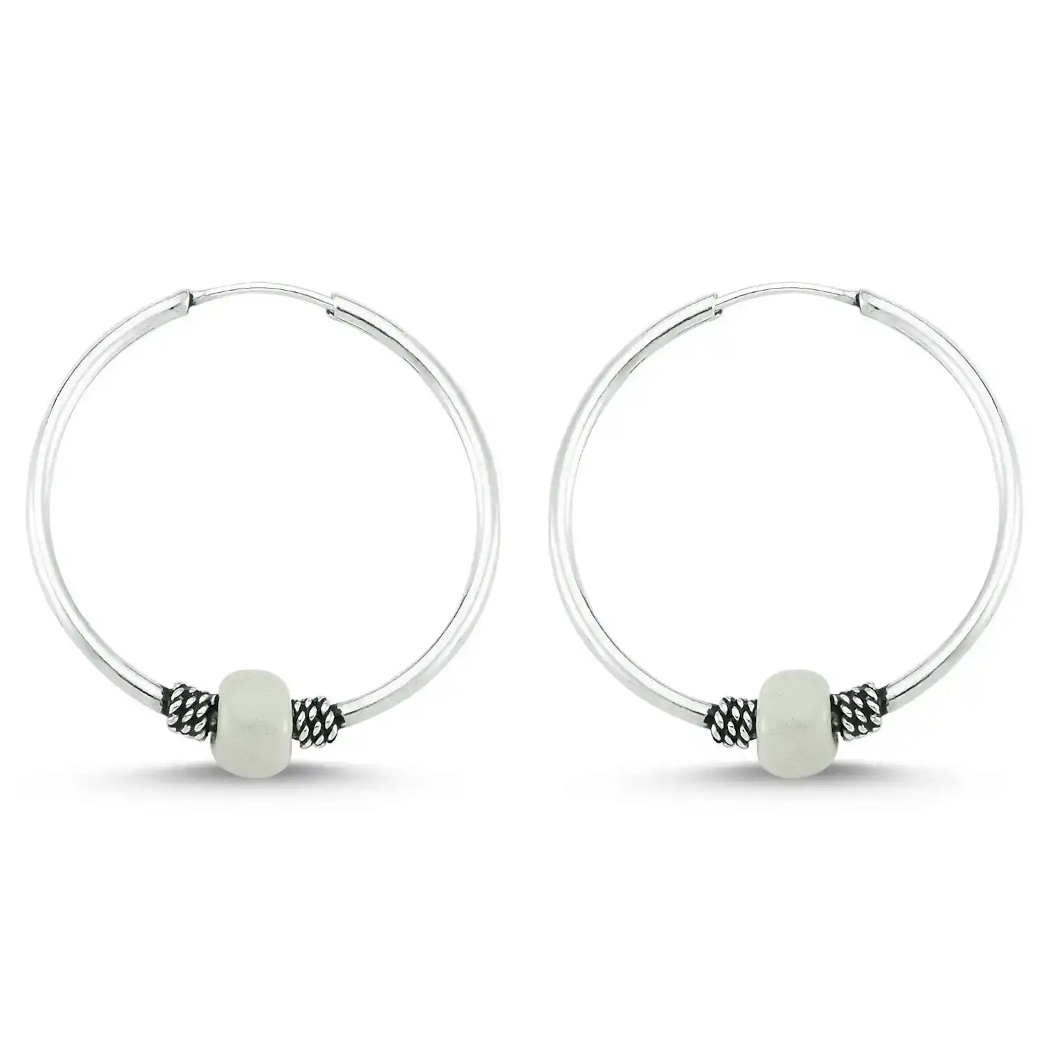 Boncuklu Gümüş Halka Küpe 16 mm wsk09-16 - Beyaz