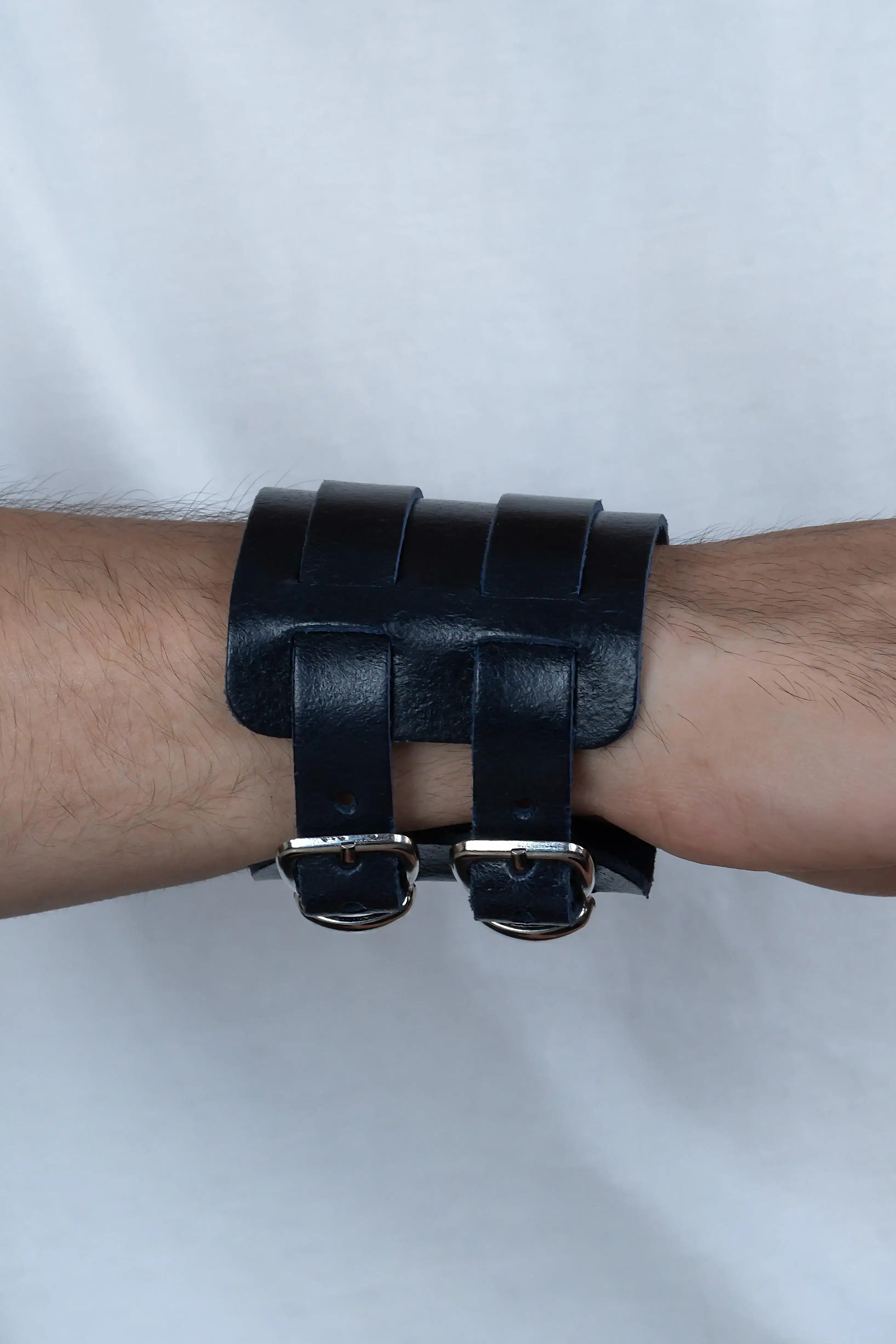 Çift Tokalı Geniş Yeniçeri Osmanlı Erkek Deri Bileklik b30 - Lacivert