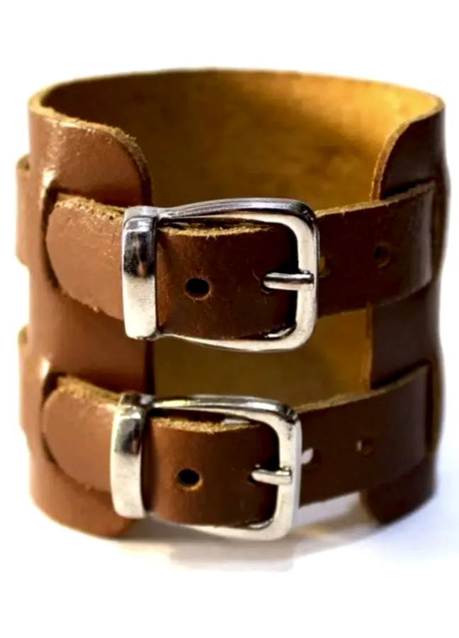 Çift Tokalı Geniş Yeniçeri Osmanlı Erkek Deri Bileklik b30 - Taba