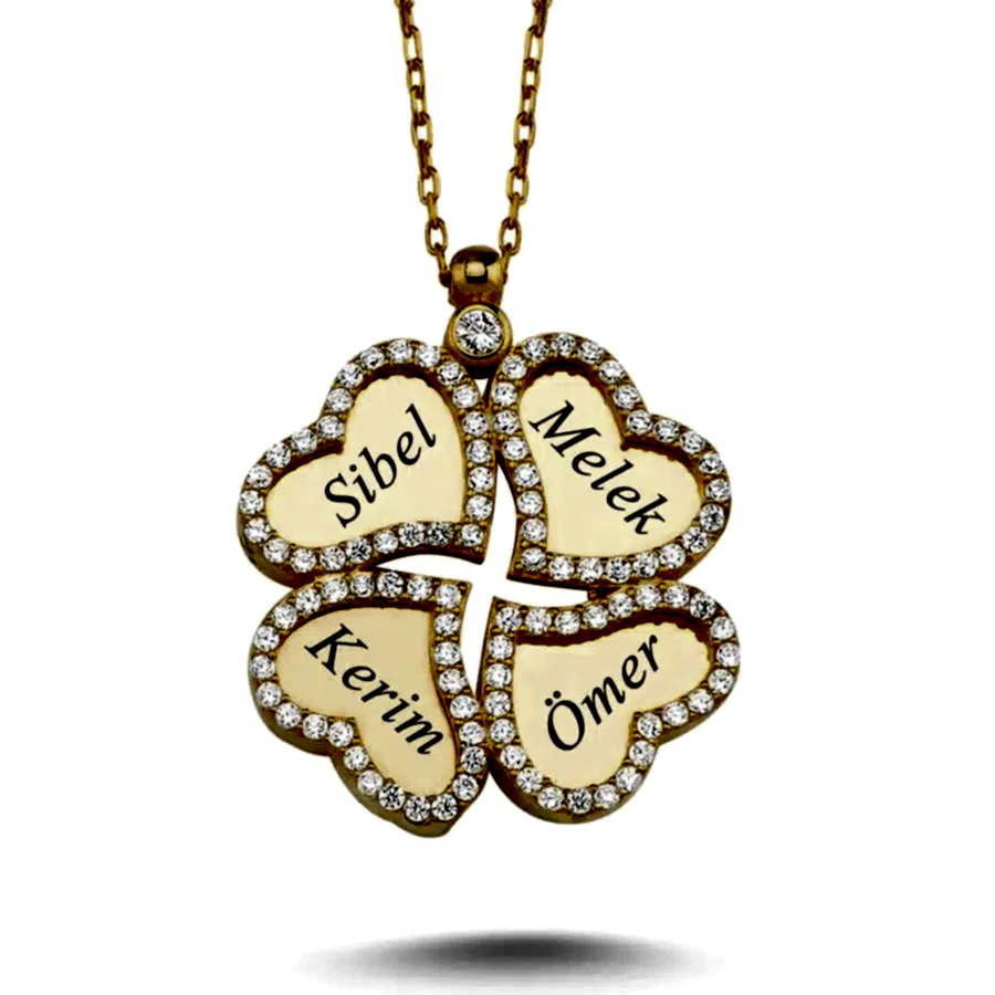 Kişiye Özel Dört İsim Yazılı Kalpli Yonca Gümüş Kolye wsn215 - Pembe