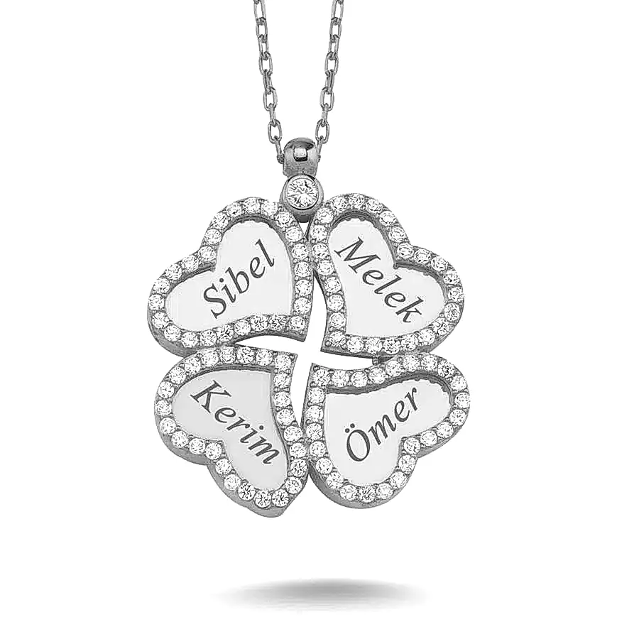 Kişiye Özel Dört İsim Yazılı Kalpli Yonca Gümüş Kolye wsn215 - Beyaz