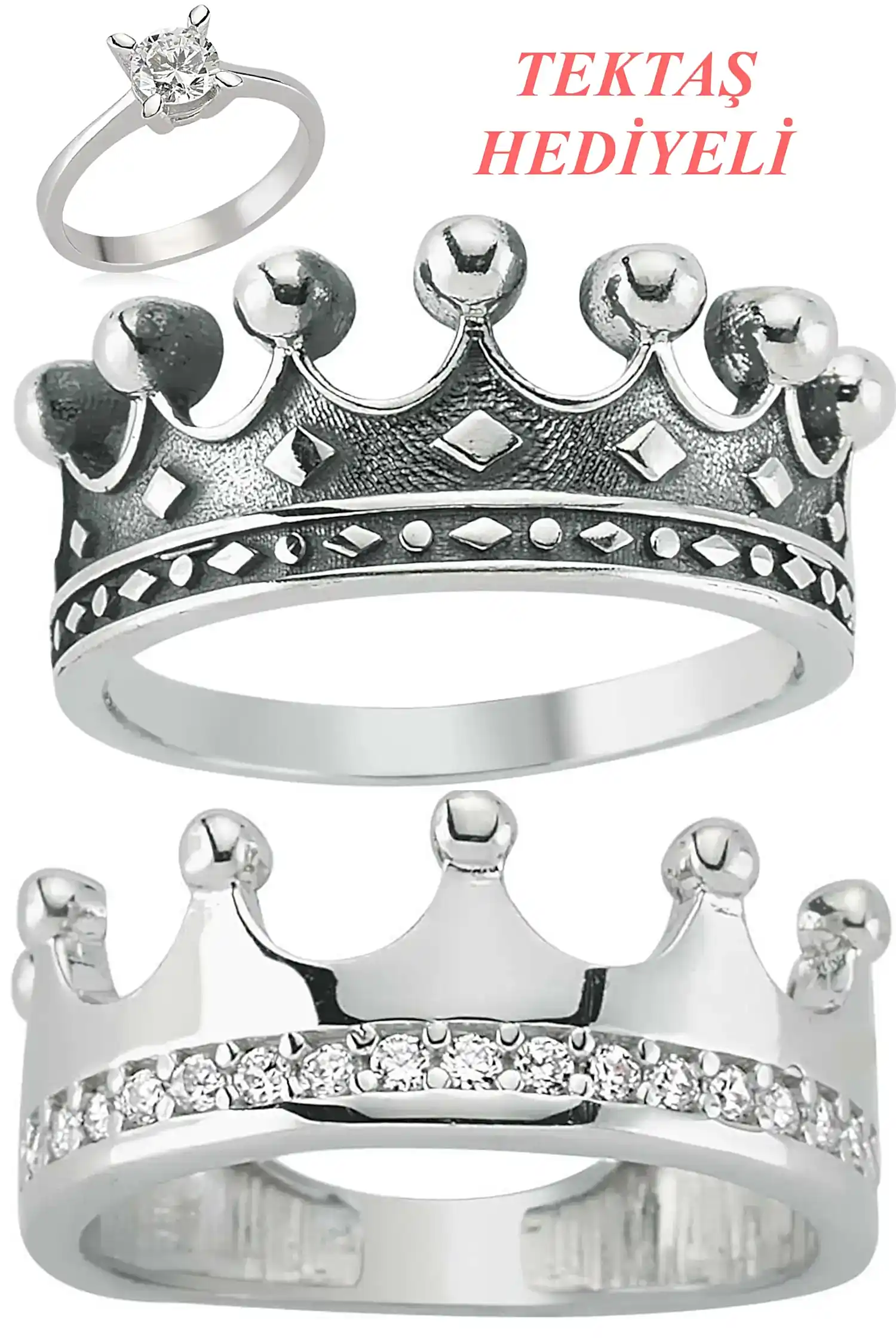 Gümüş Kral Kraliçe Tacı Sevgili Çift Yüzükleri + Tektaş al43