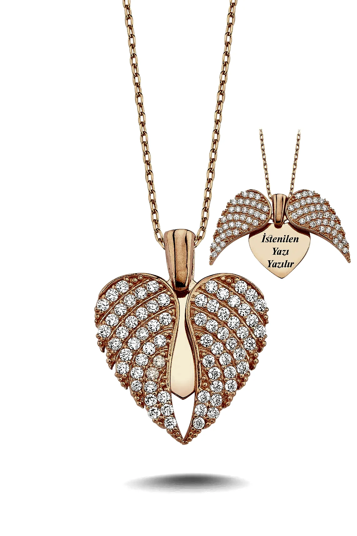 Kanatlı Kişiye Özel İsimli Gümüş Kalp Kolye Sevgiliye Hediye wsn149b - Pembe