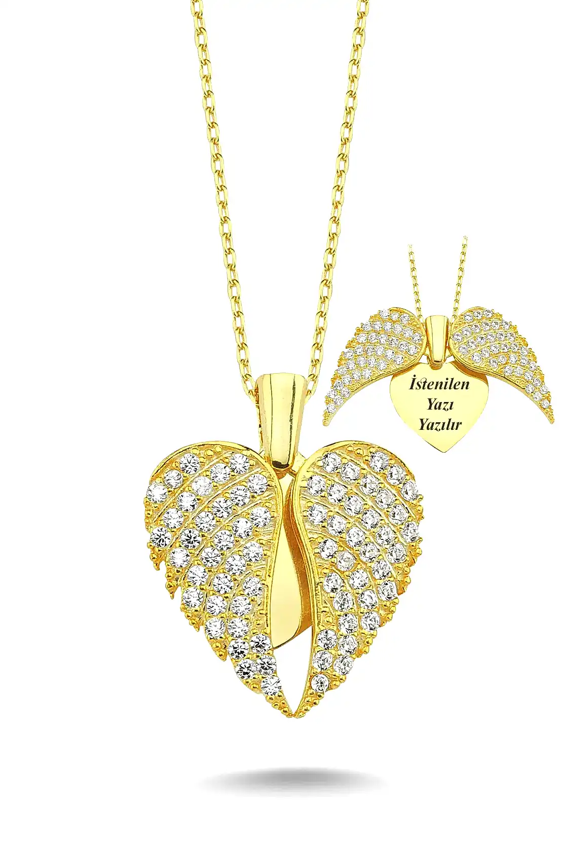 Kanatlı Kişiye Özel İsimli Gümüş Kalp Kolye Sevgiliye Hediye wsn149b - Sarı