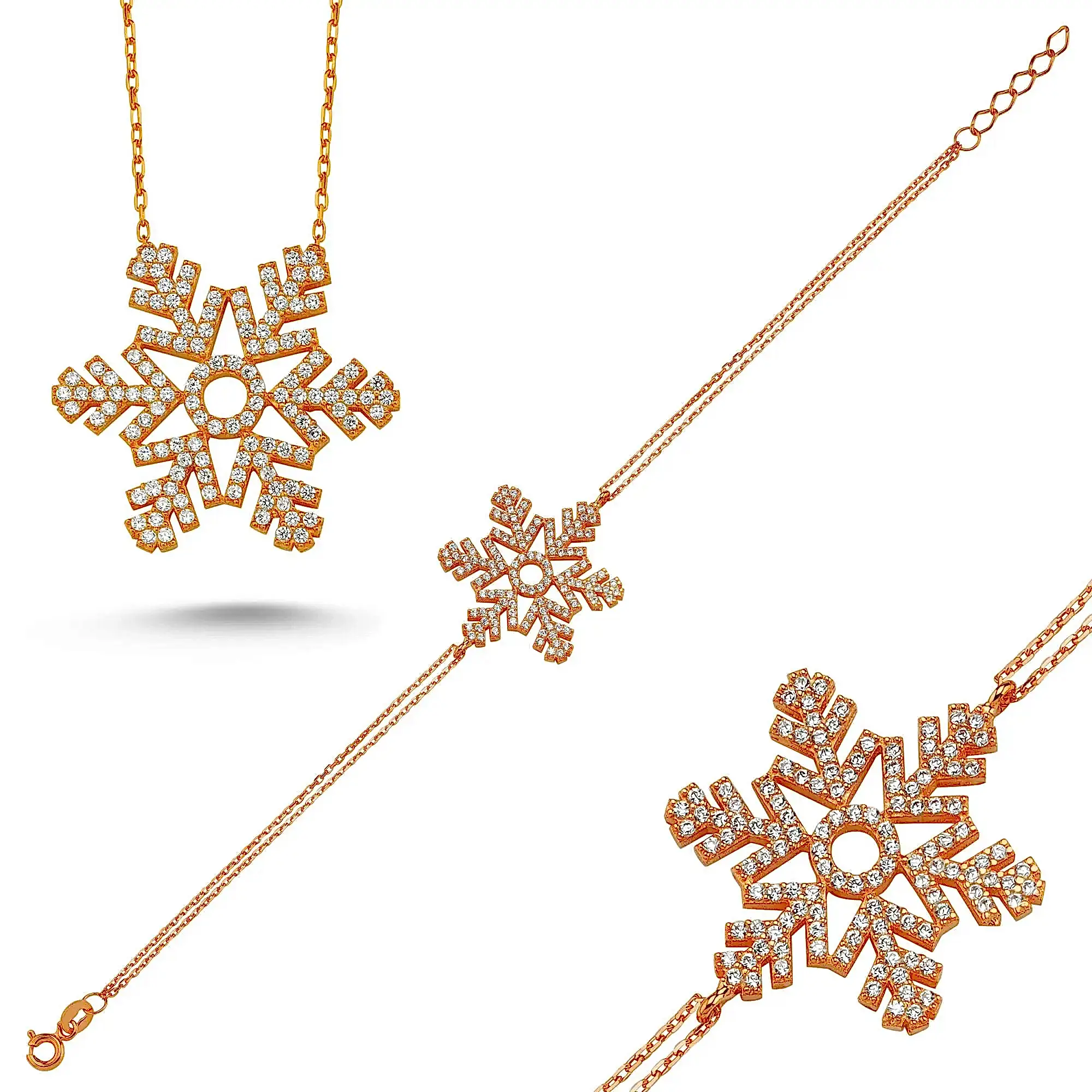 Kar Tanesi Taşlı Gümüş Kolye ve Bileklik Set 5 Renk wss11 - Pembe