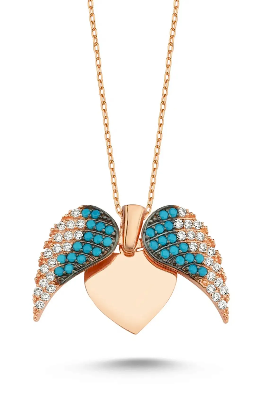 Kişiye Özel İsim Yazılı Aşkın Kanatları Bayan Gümüş Kalp Kolye wsn149u - Rose - Mavi Beyaz Taşlı