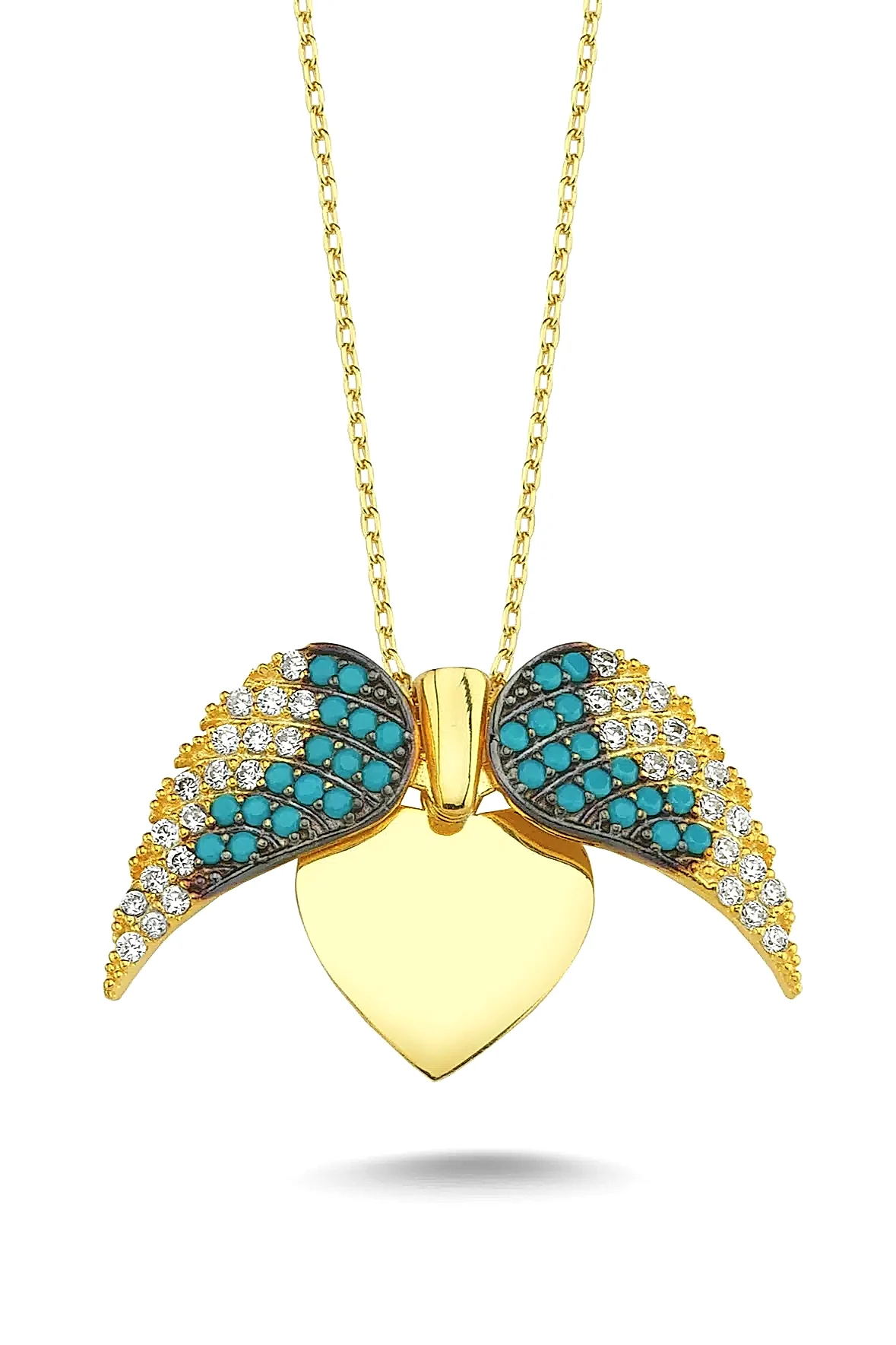 Kişiye Özel İsim Yazılı Aşkın Kanatları Bayan Gümüş Kalp Kolye wsn149u - Altın - Mavi Beyaz Taşlı