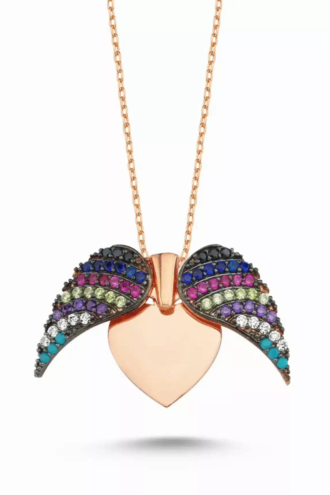 Kişiye Özel İsim Yazılı Aşkın Kanatları Bayan Gümüş Kalp Kolye wsn149u - Rose - Karışık Renkli Taşlı