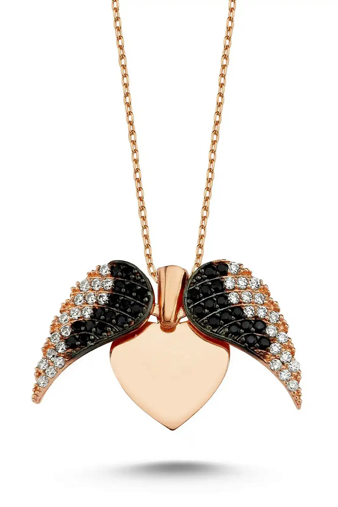 Kişiye Özel İsim Yazılı Aşkın Kanatları Bayan Gümüş Kalp Kolye wsn149u - Rose - Siyah Beyaz Taşlı