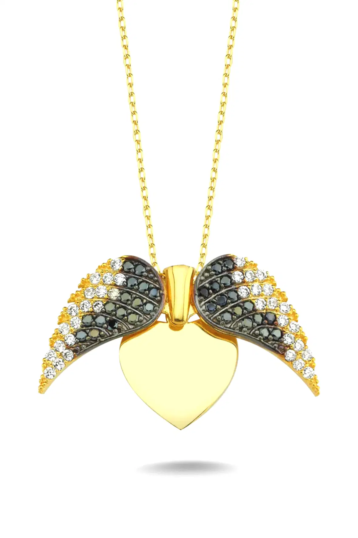 Kişiye Özel İsim Yazılı Aşkın Kanatları Bayan Gümüş Kalp Kolye wsn149u - Altın - Siyah Beyaz Taşlı