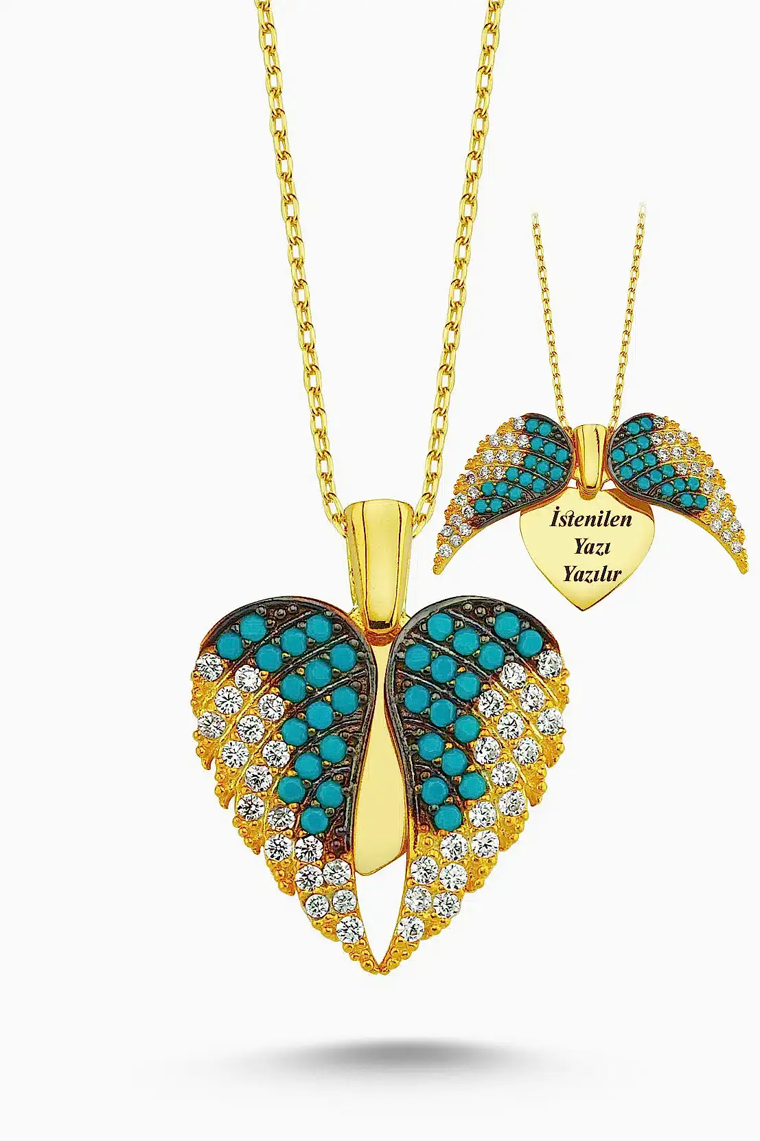 Kişiye Özel İsimli Firuze Beyaz Taşlı Gümüş Kalpli Kolye wsn149fb - Sarı