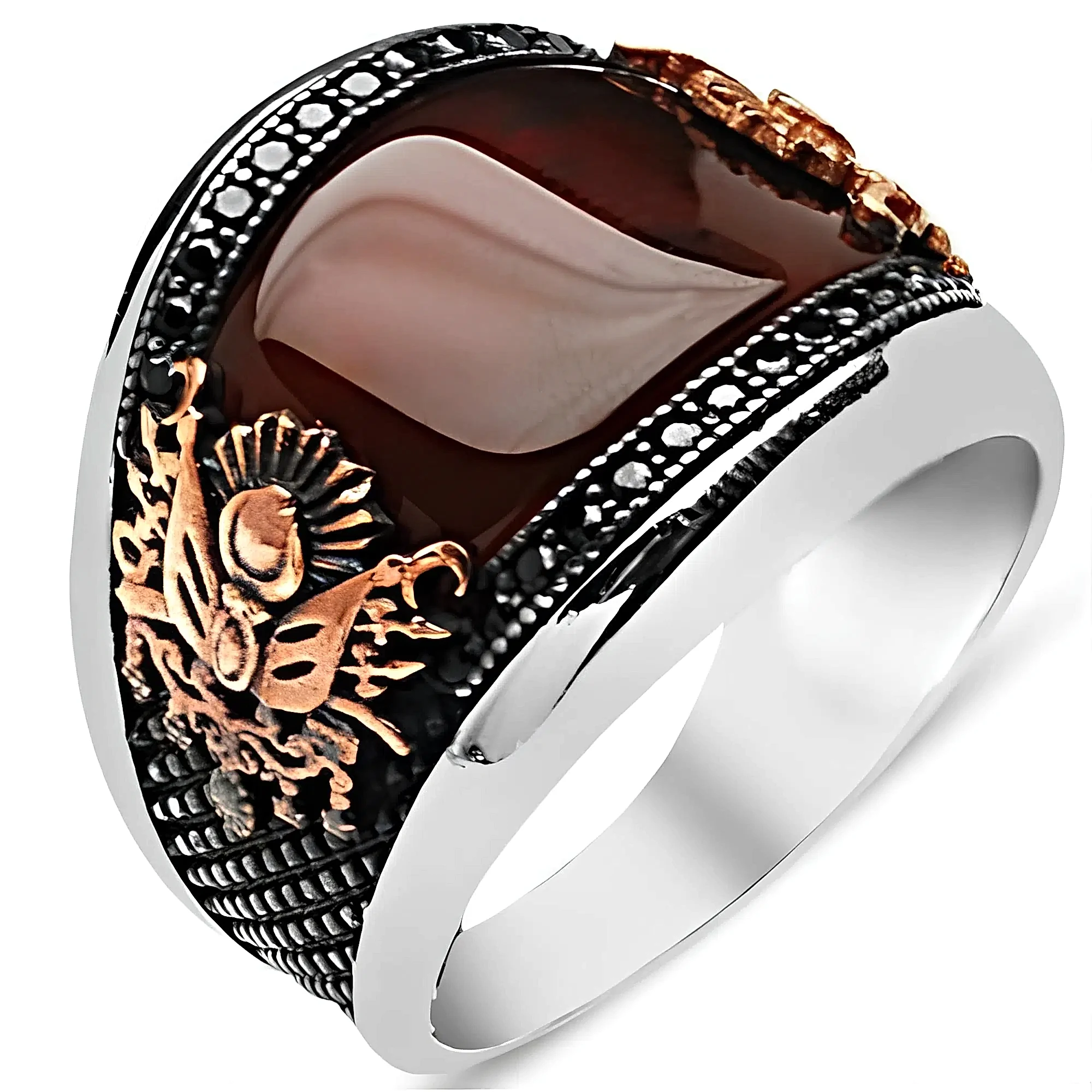 Oniks Akik Taşlı Osmanlı Armalı Gümüş Erkek Yüzük key01 - Kırmızı