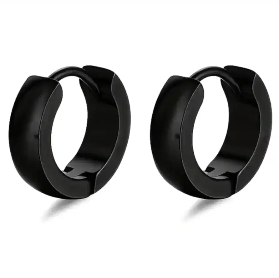 Parlak Bombeli Geniş Bayan Erkek Çelik Küpe Çifti 6mm mse7 - Siyah