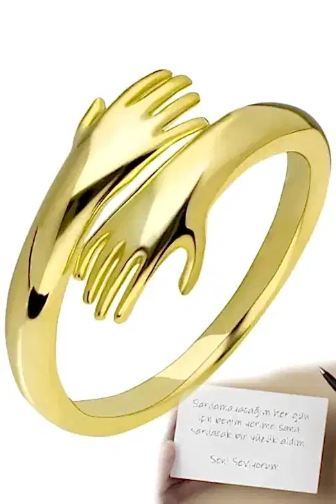 Altın Kalitesinde Sarılan Eller Kadın Yüzük Sevgiliye Hediye bby02 - Sarı