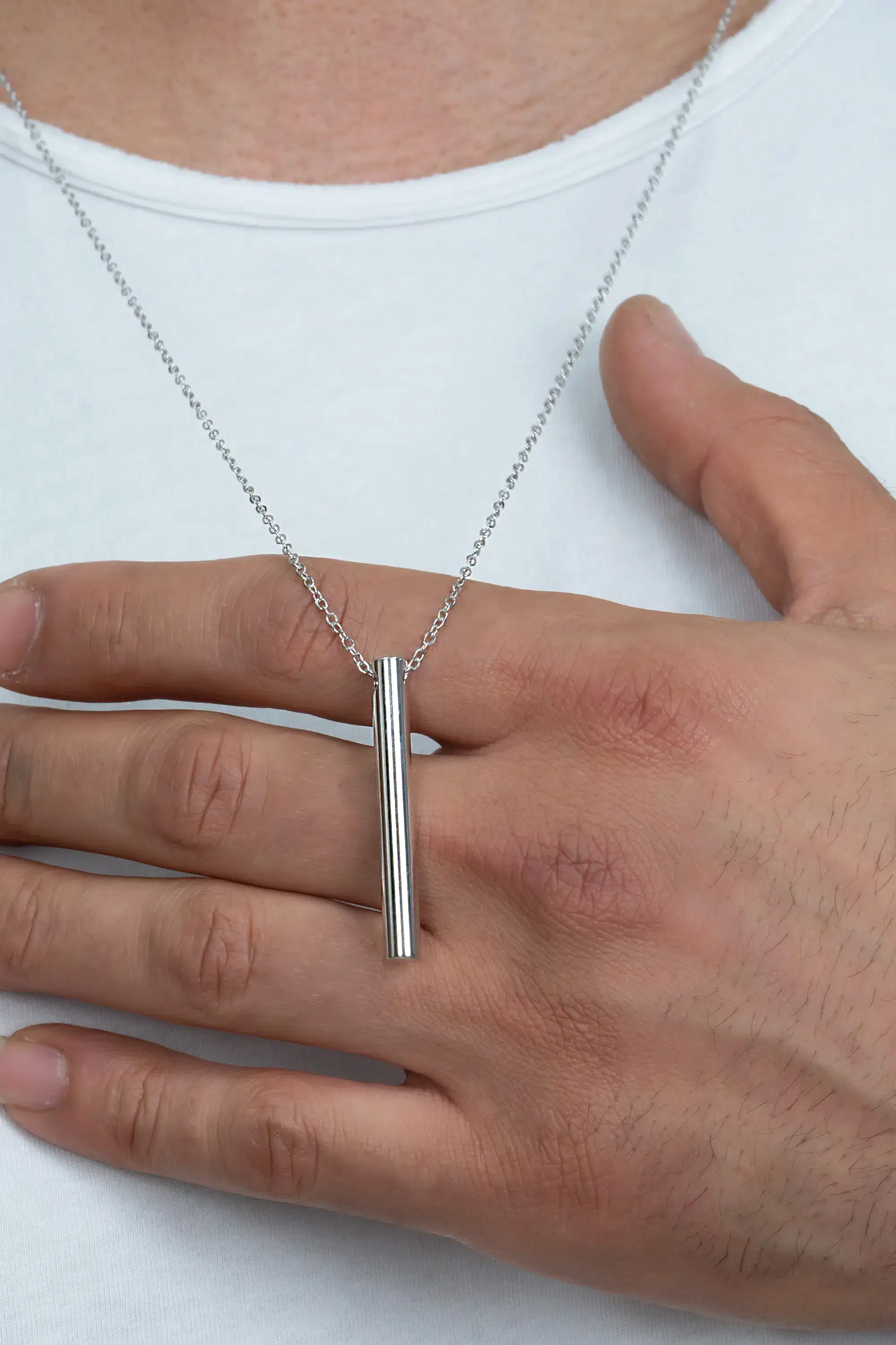 Silindir Çubuk Bar Erkek Kolye Paslanmaz 65cm Zincirli eck31 - Beyaz