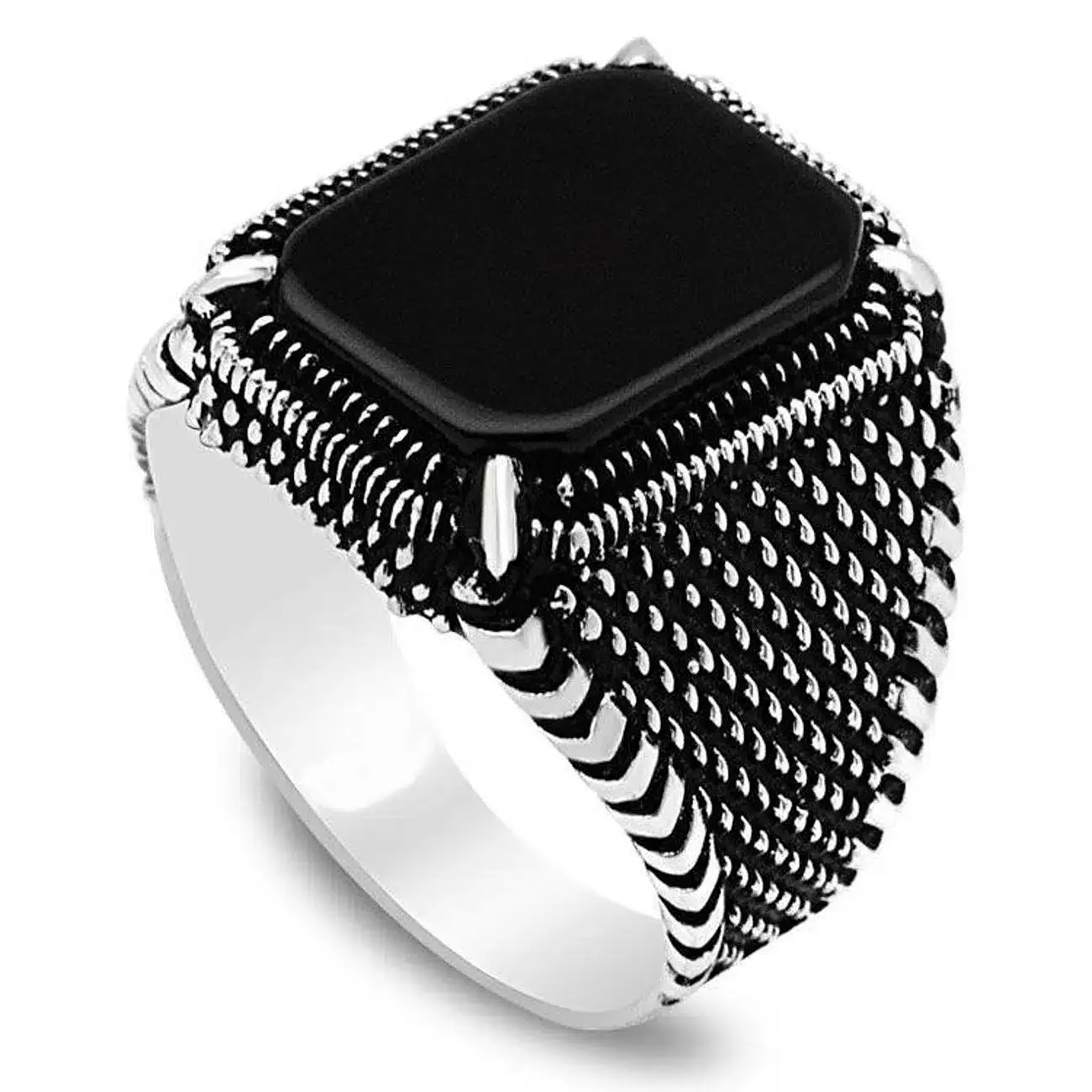 Siyah Oniks Taşlı Erkek Gümüş Yüzük Erkek Yüzük msr328 - Siyah