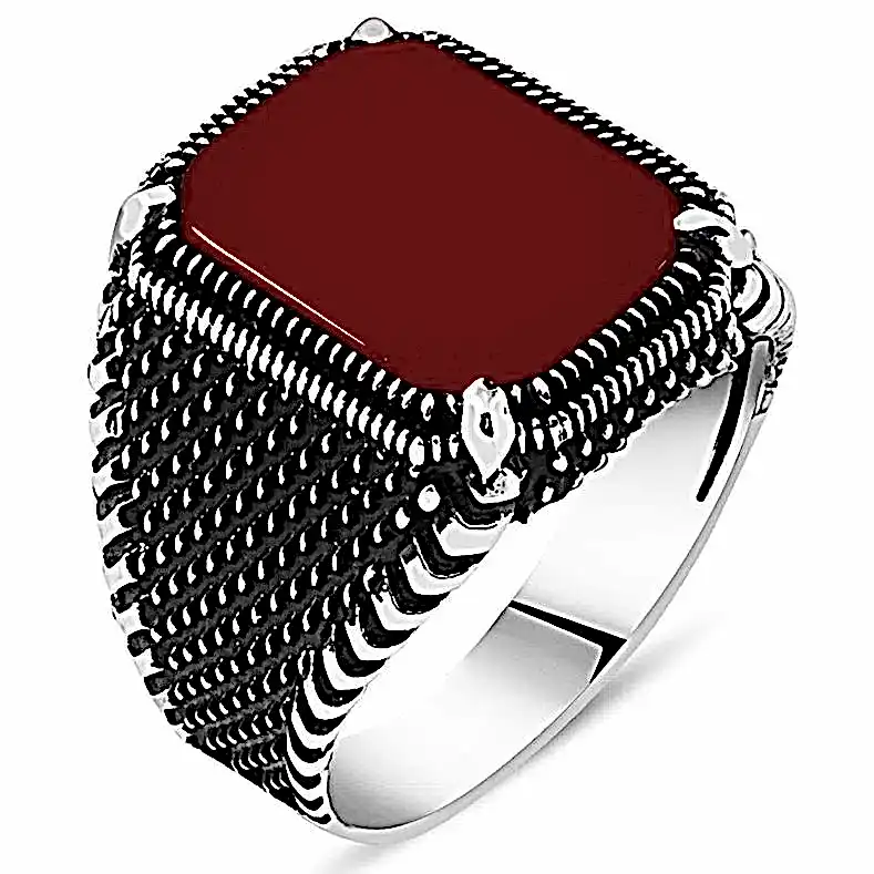 Siyah Oniks Taşlı Erkek Gümüş Yüzük Erkek Yüzük msr328 - Kırmızı