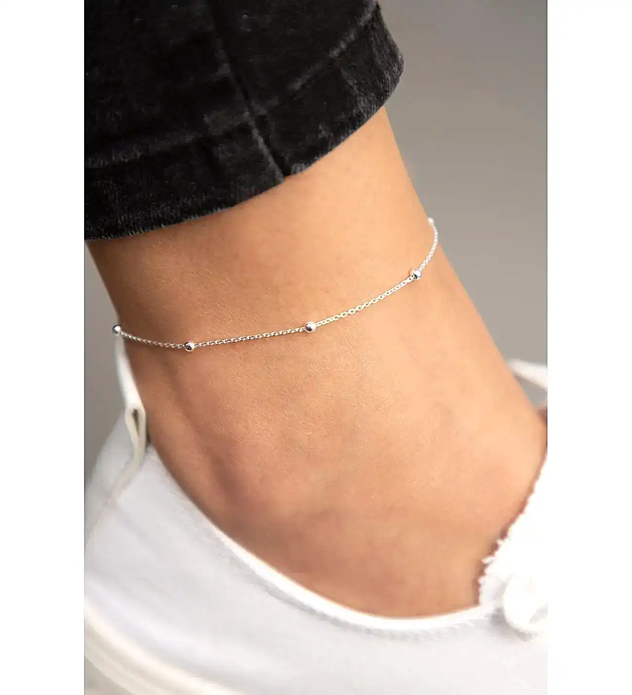 Toplu Zincirli 925 Ayar Kadın Kız Gümüş Halhal Ayak Bileği wsn212h - Beyaz