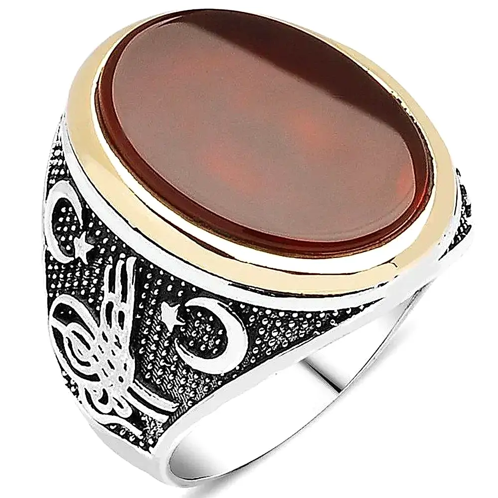 Tuğralı Armalı Ay Yıldızlı Gümüş Erkek Yüzük Taşlı 2 Renk y32 - Akik