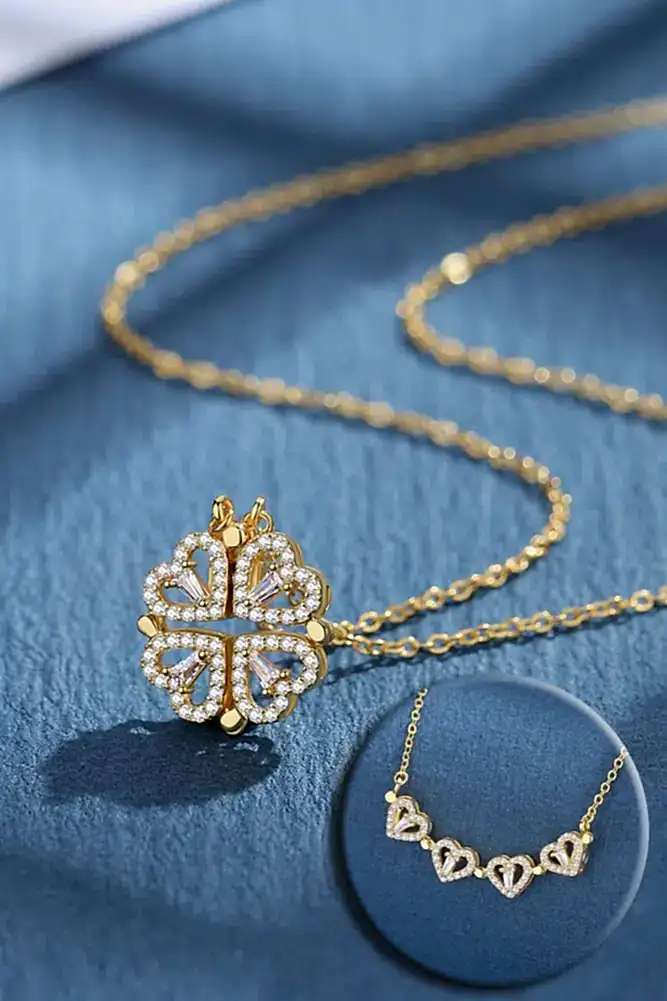 Yonca ve Kalpli Kadın Çelik Kolye 2 Farklı Kullanım Şekli eck46 - Sarı